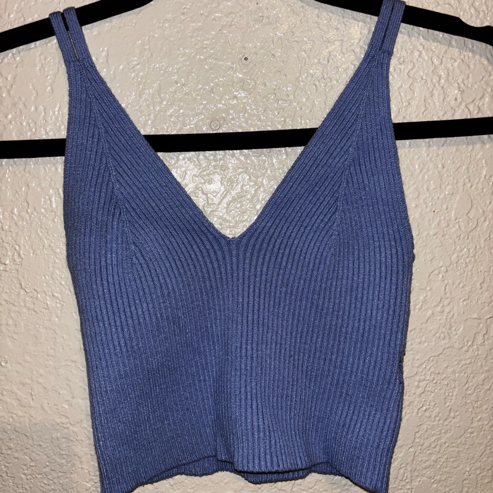 Blue Ribbed Knit Women's Top